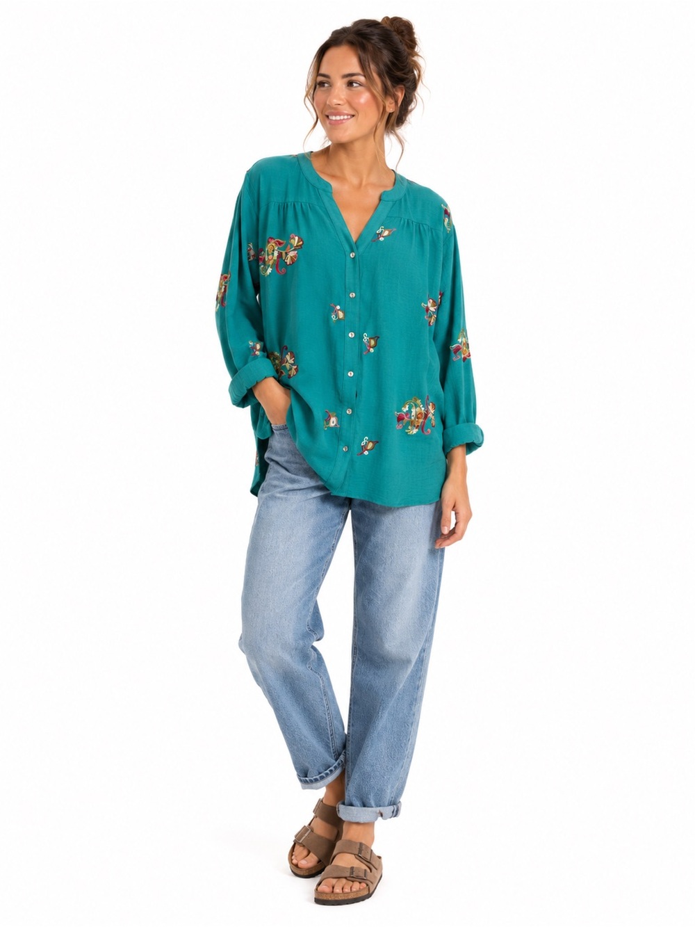 Fig & Flower 2X Embroidered Paisley Roll Tab Tunic Blouse Teal Floral Boho